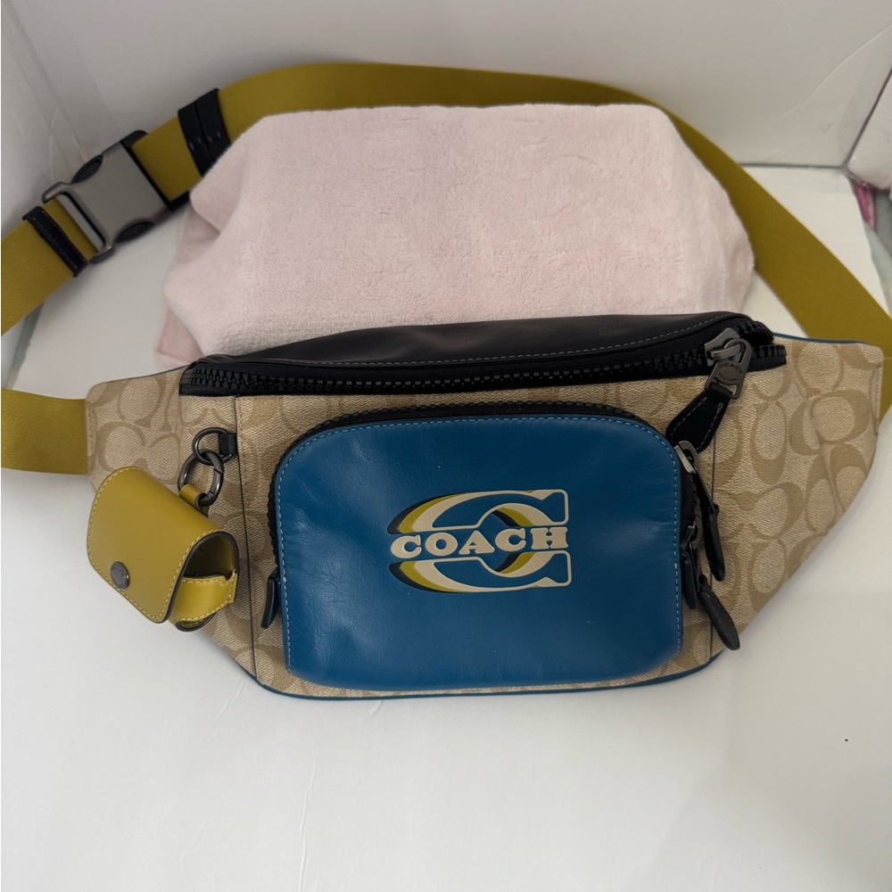 Coach Beige and Blue Belt Bag with matching AirPod Case